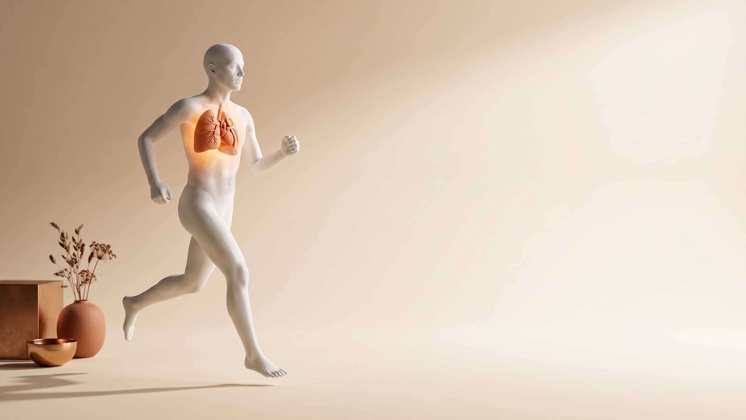 A white porcelain figure running in profile, its translucent chest revealing terracotta lungs and a heart, beside a terracotta vase and bronze bowl on an ivory backdrop