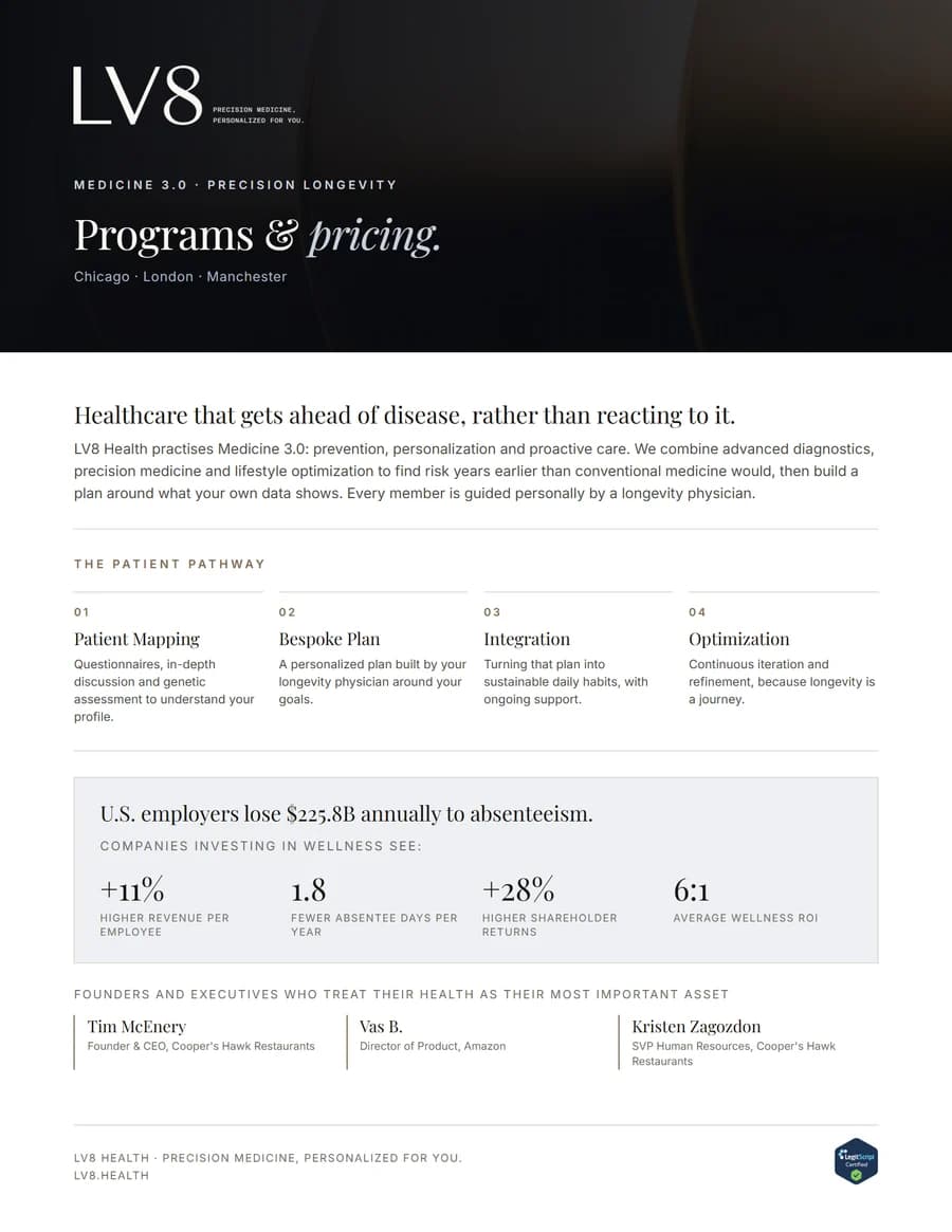 Page one of the brochure: what LV8 Health does, the patient pathway and the corporate evidence