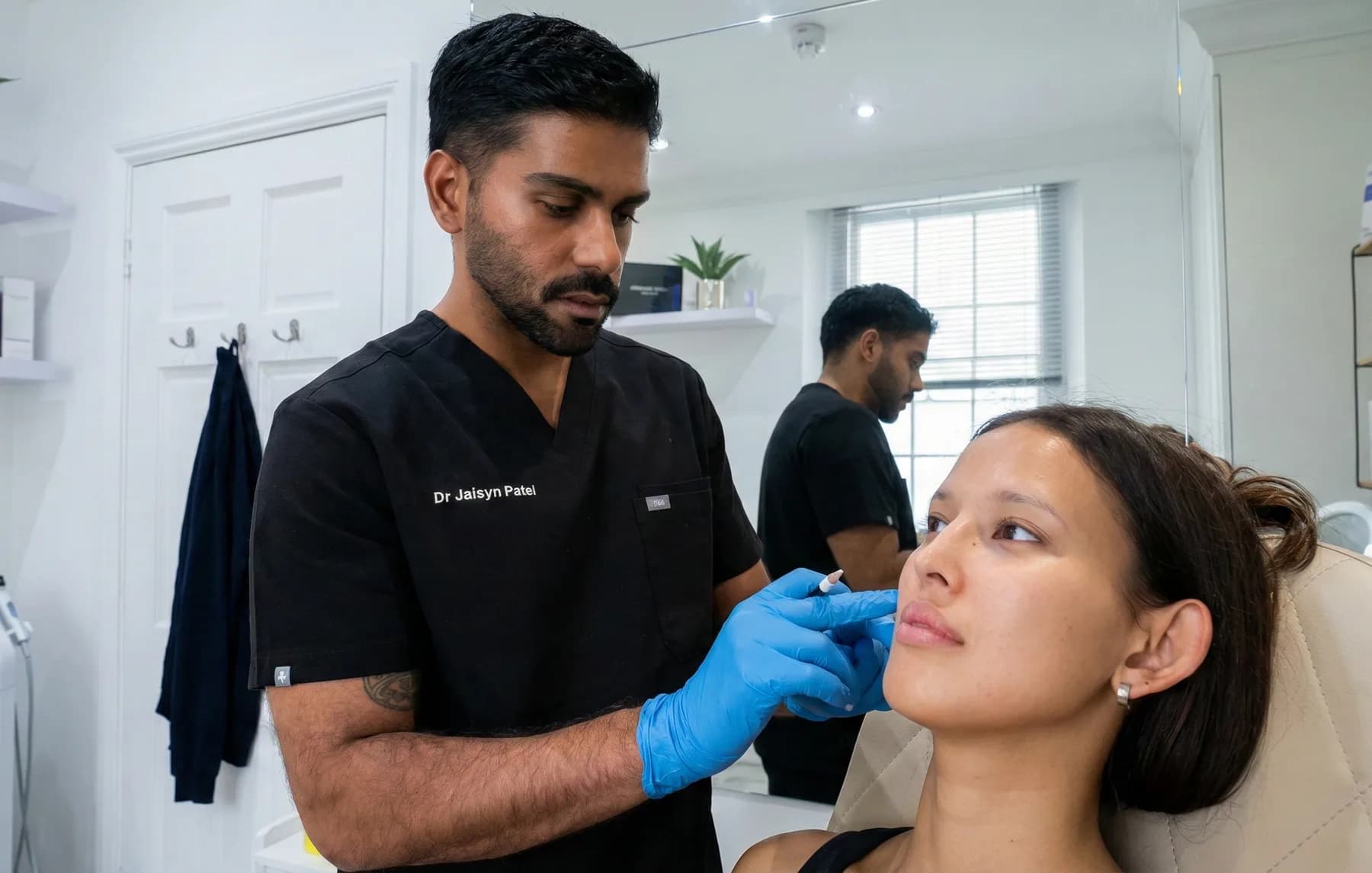 Dr Jaisyn Patel, in black scrubs embroidered with his name and blue gloves, marking the lip area of a seated patient with a white pencil in the LV8 London treatment room