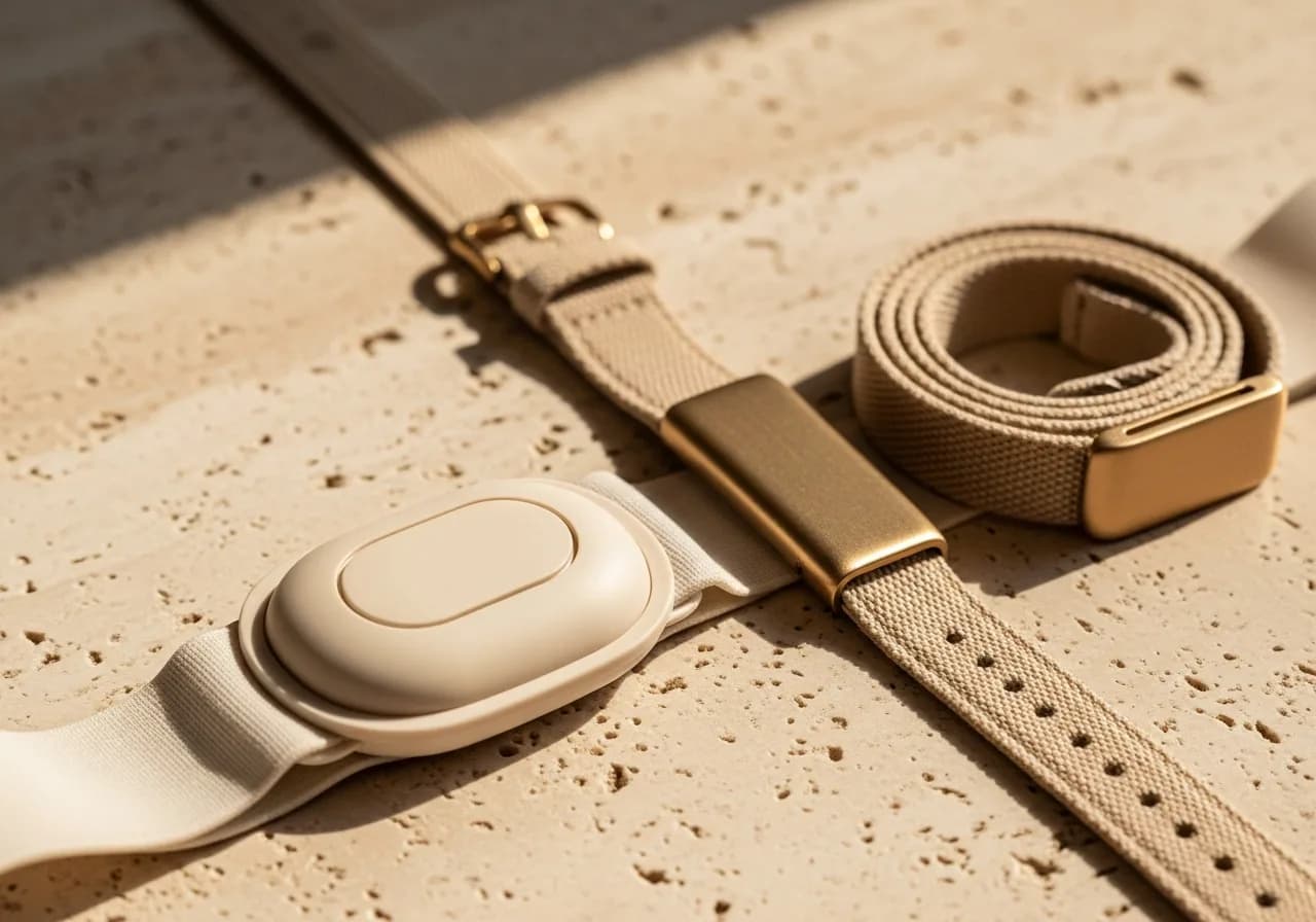 A chest-strap heart rate monitor and a wearable band side by side on travertine