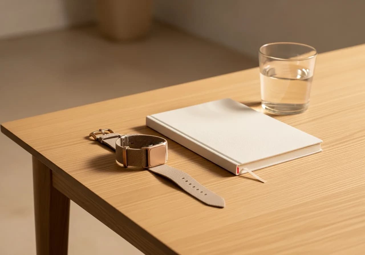 A wearable band, a plain notebook and a glass of water on a pale oak desk