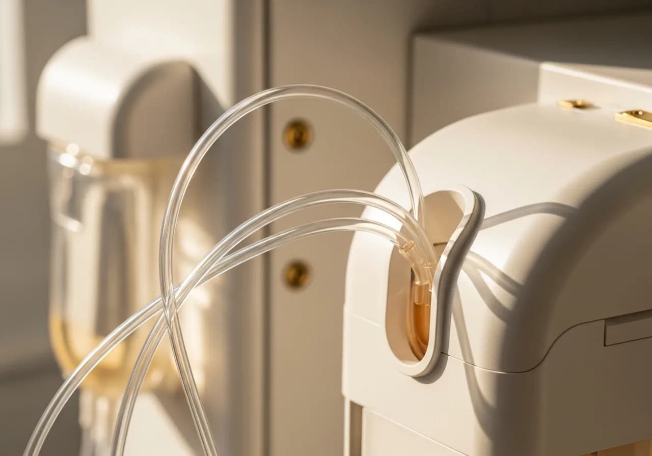 Macro view of clear medical tubing looping through a bone-white cassette with pale amber fluid in the line