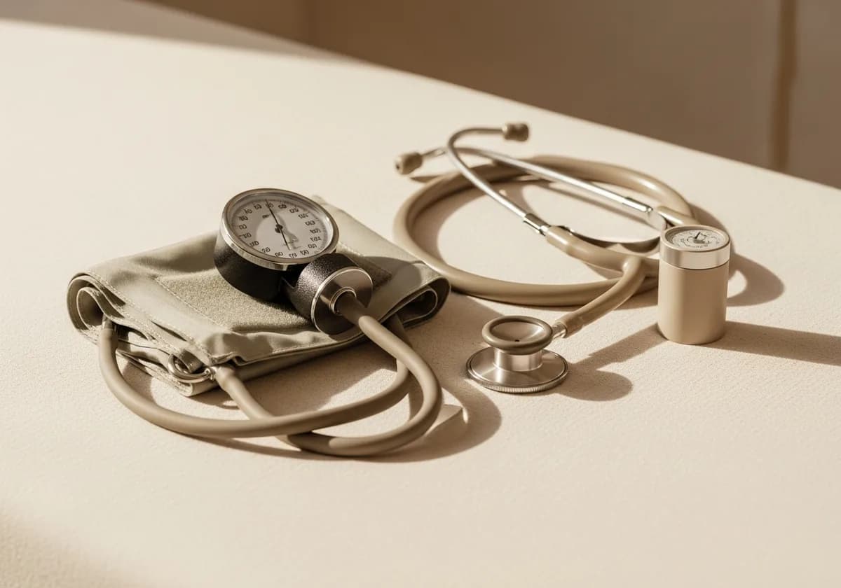 An aneroid blood pressure cuff and gauge coiled beside a stethoscope on a warm bone surface
