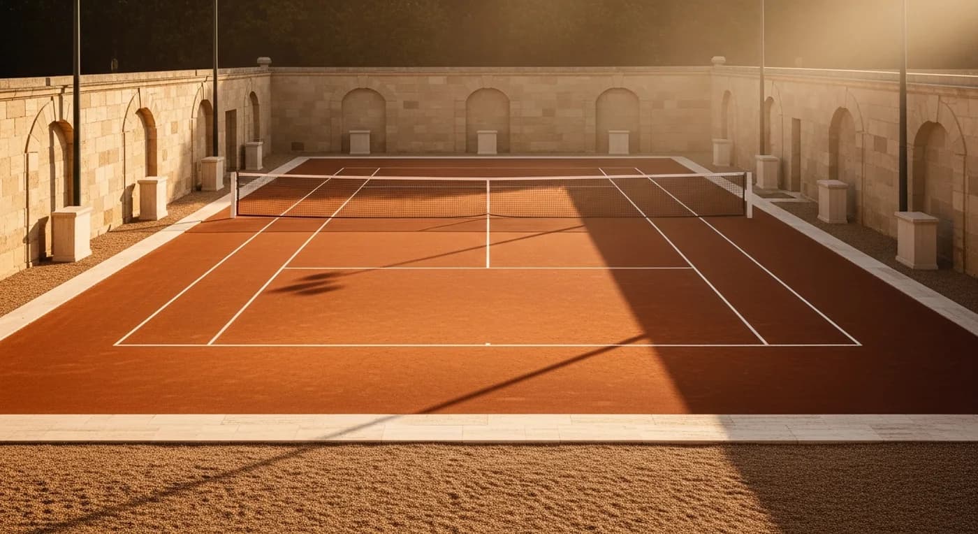A private terracotta clay tennis court inside a walled stone garden at golden hour, the full court swept and marked, arched niches along the wall behind