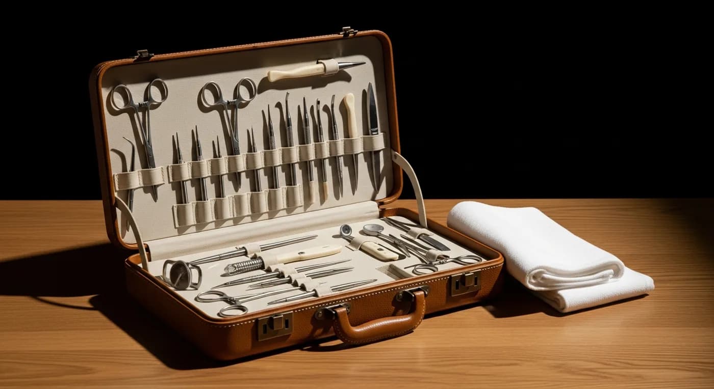 A physician's travel case open on a warm oak surface, clinical instruments arranged in fitted leather