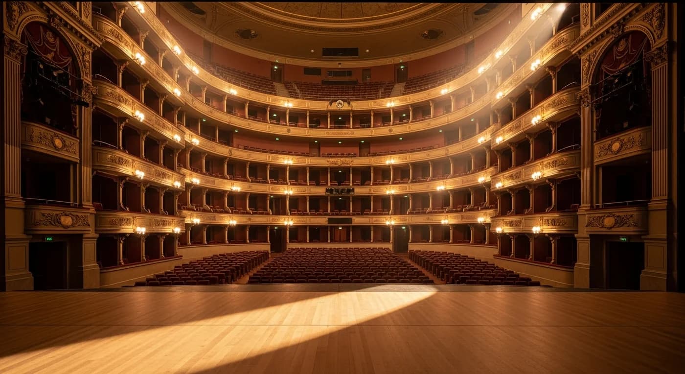 The empty auditorium of a gilded opera house seen from centre stage before doors, tiers of lit boxes sweeping away and a shaft of warm light across the oak deck