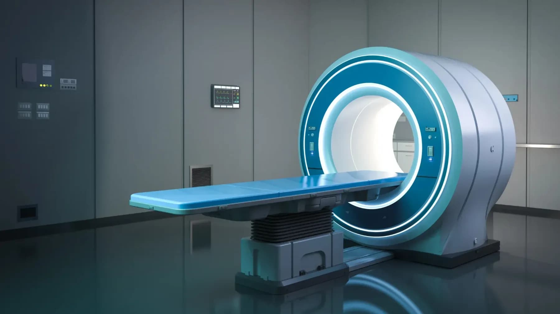 A wide-bore MRI scanner with its table extended, the illuminated ring of the bore glowing blue in a quiet imaging room