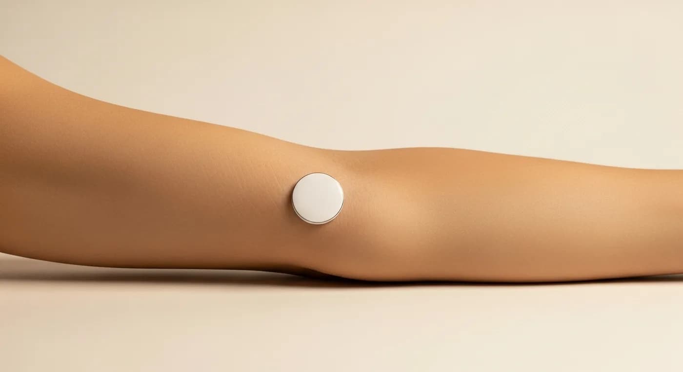 A continuous glucose monitor sensor worn on the back of an arm