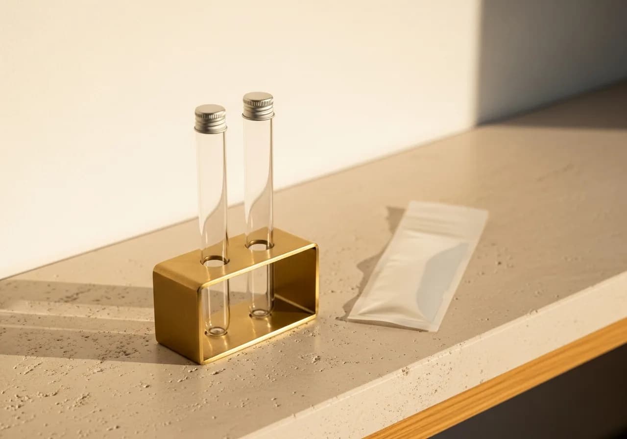 Two blood collection tubes in a brass rack beside a sealed specimen sleeve