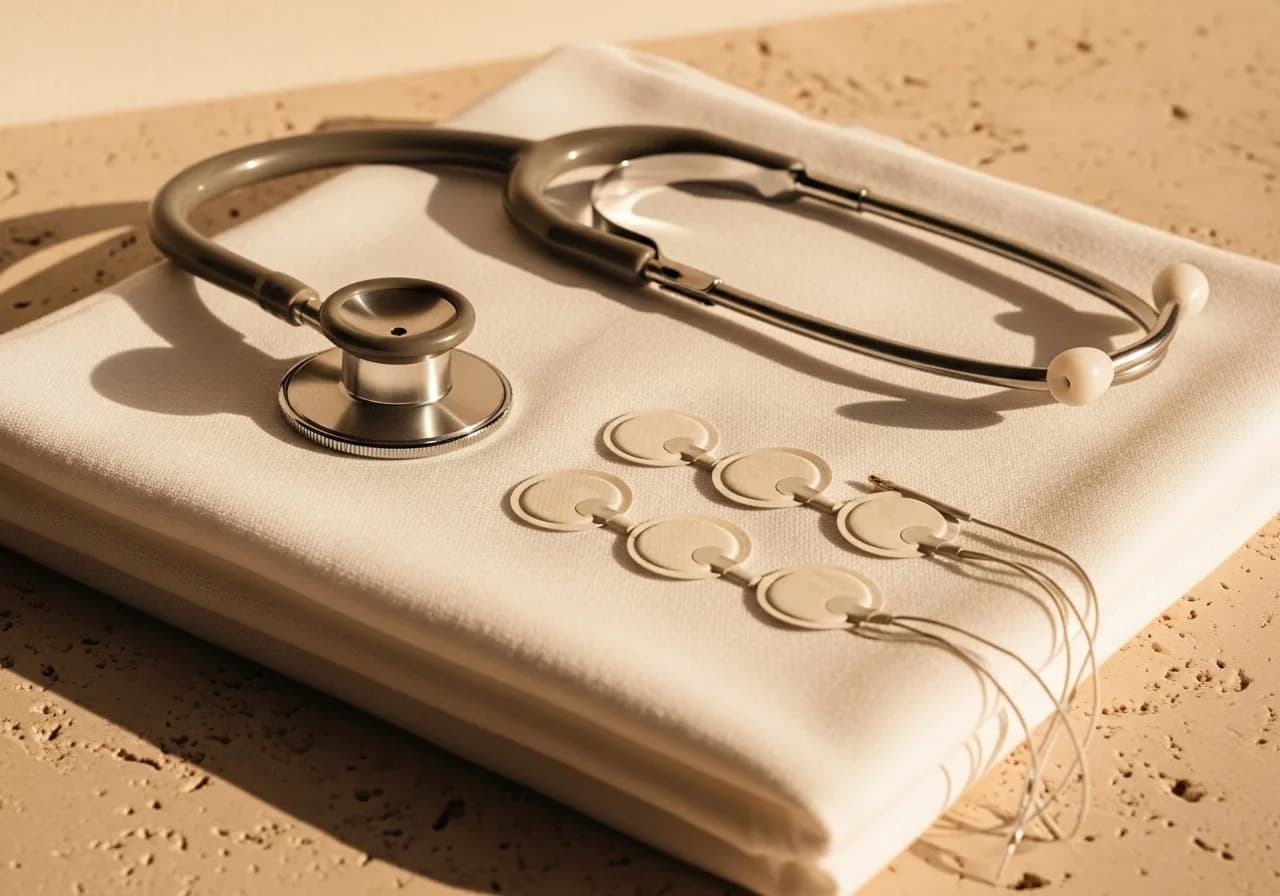 A stethoscope and a row of ECG electrodes laid out on folded linen