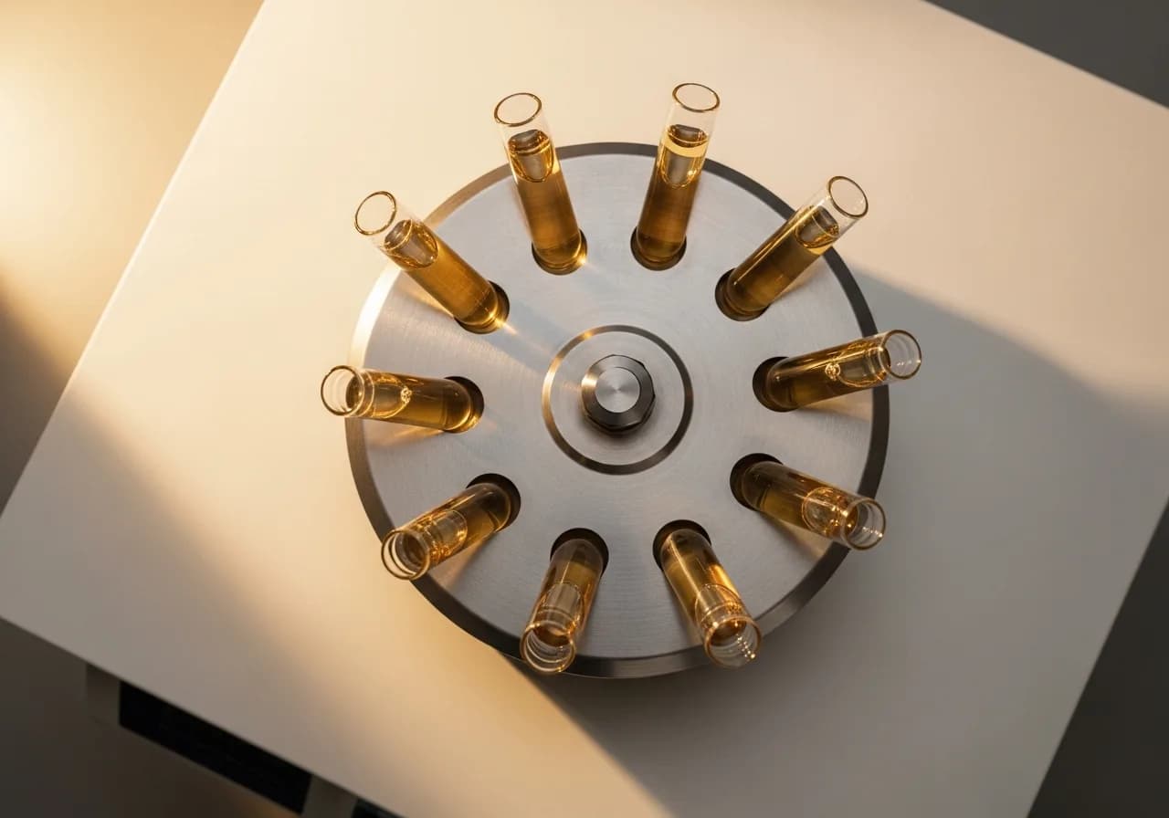 A centrifuge rotor seen from above, assay tubes of serum seated around it