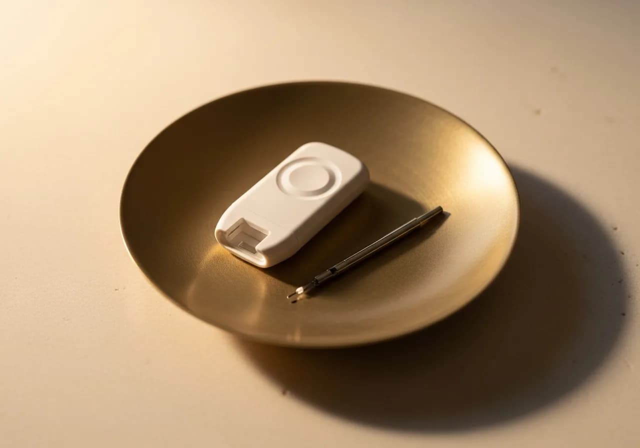 A sensor applicator and a fine lancet resting in a shallow brass dish
