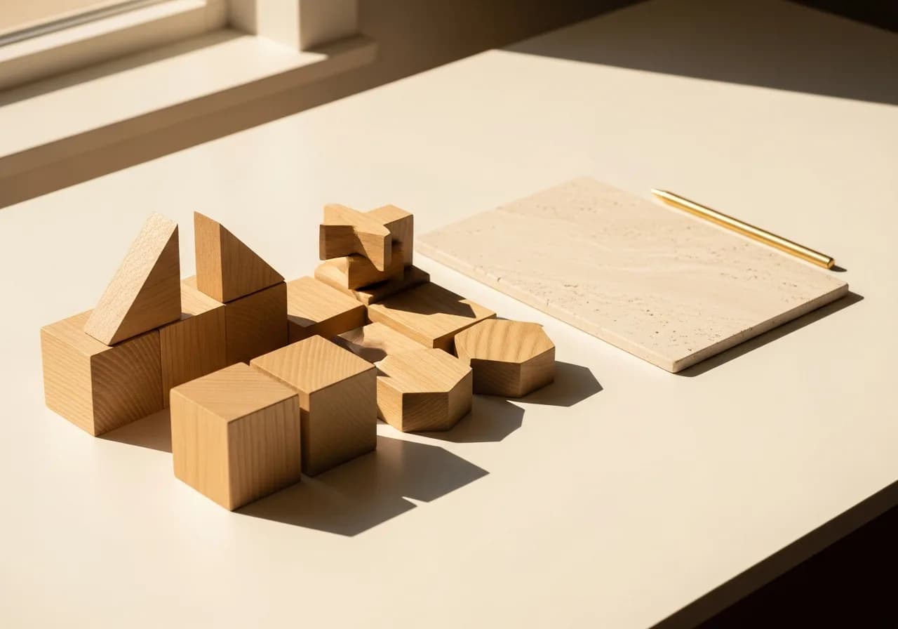 Pattern blocks arranged in sequence beside a blank slate, a cognitive assessment laid out