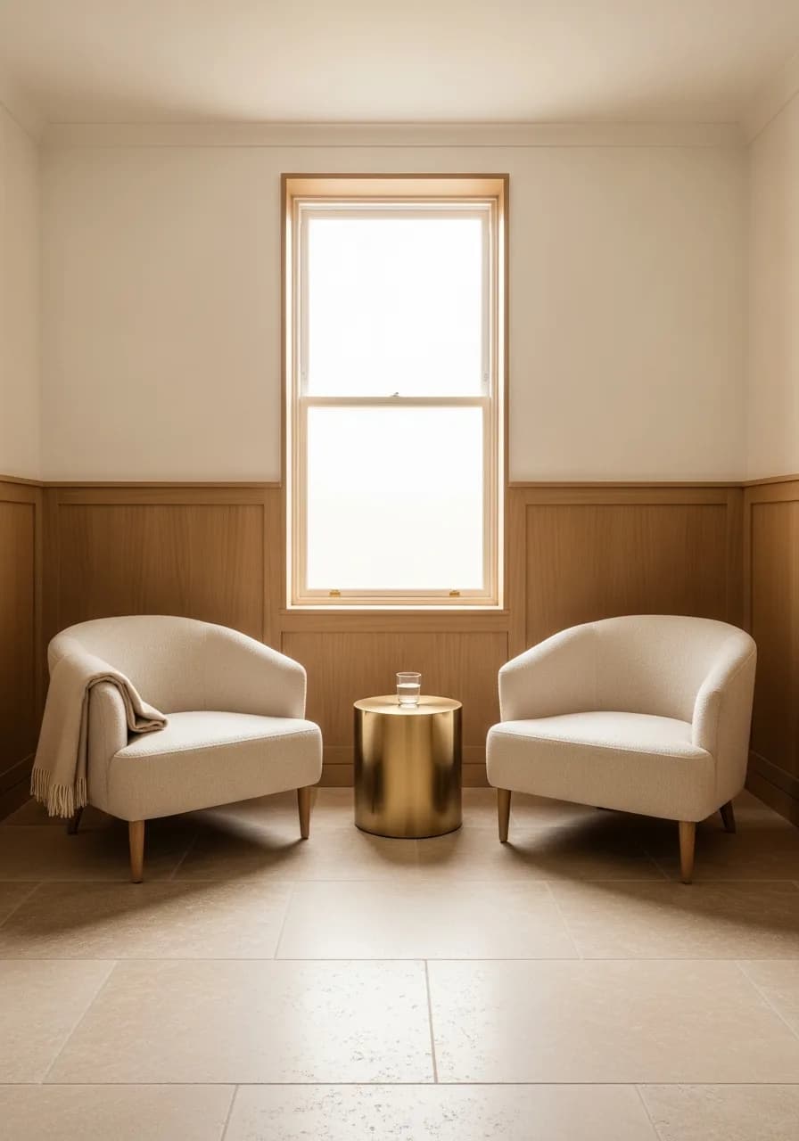 A private consulting room: two pale armchairs facing each other across a small brass table by a tall window, pale oak panelling and a travertine floor