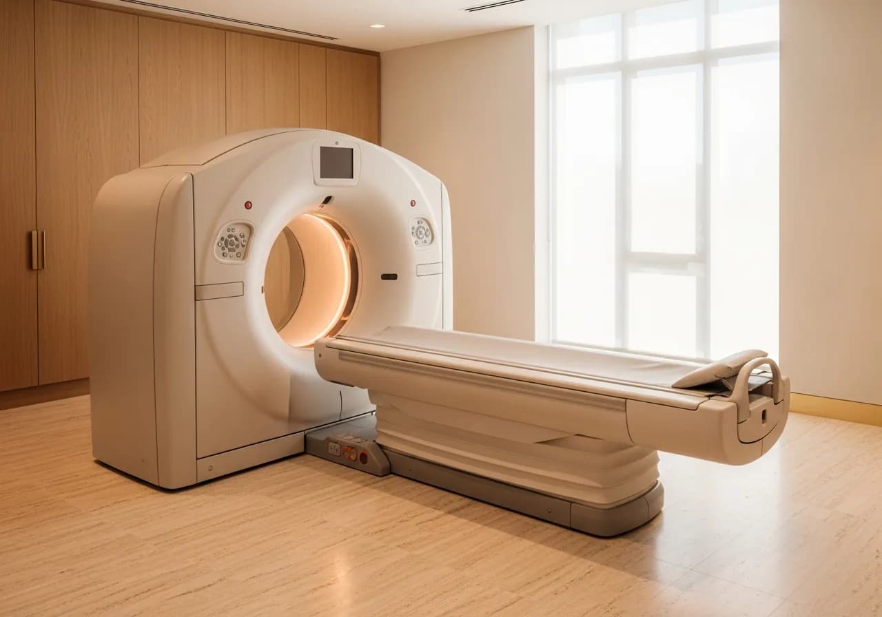 A CT scanner in a bright imaging suite, its aperture lit from within