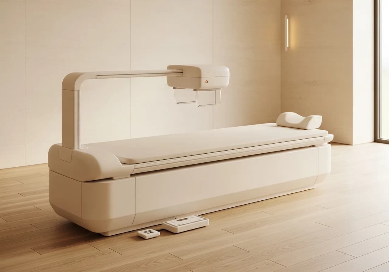 A DEXA scanner table beneath its overhead scanning arm in a bright imaging room