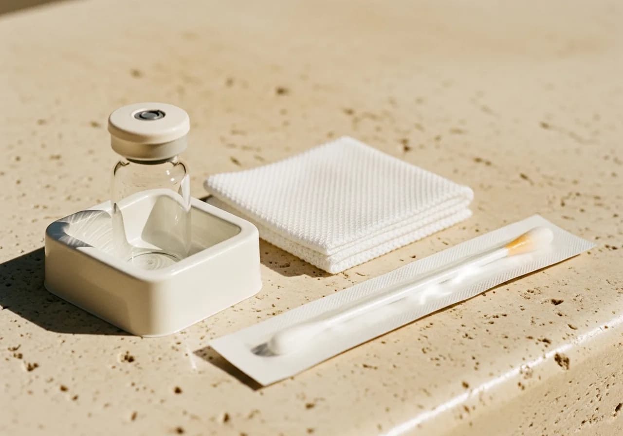 A sealed sample collection kit, vial and swab in a moulded tray