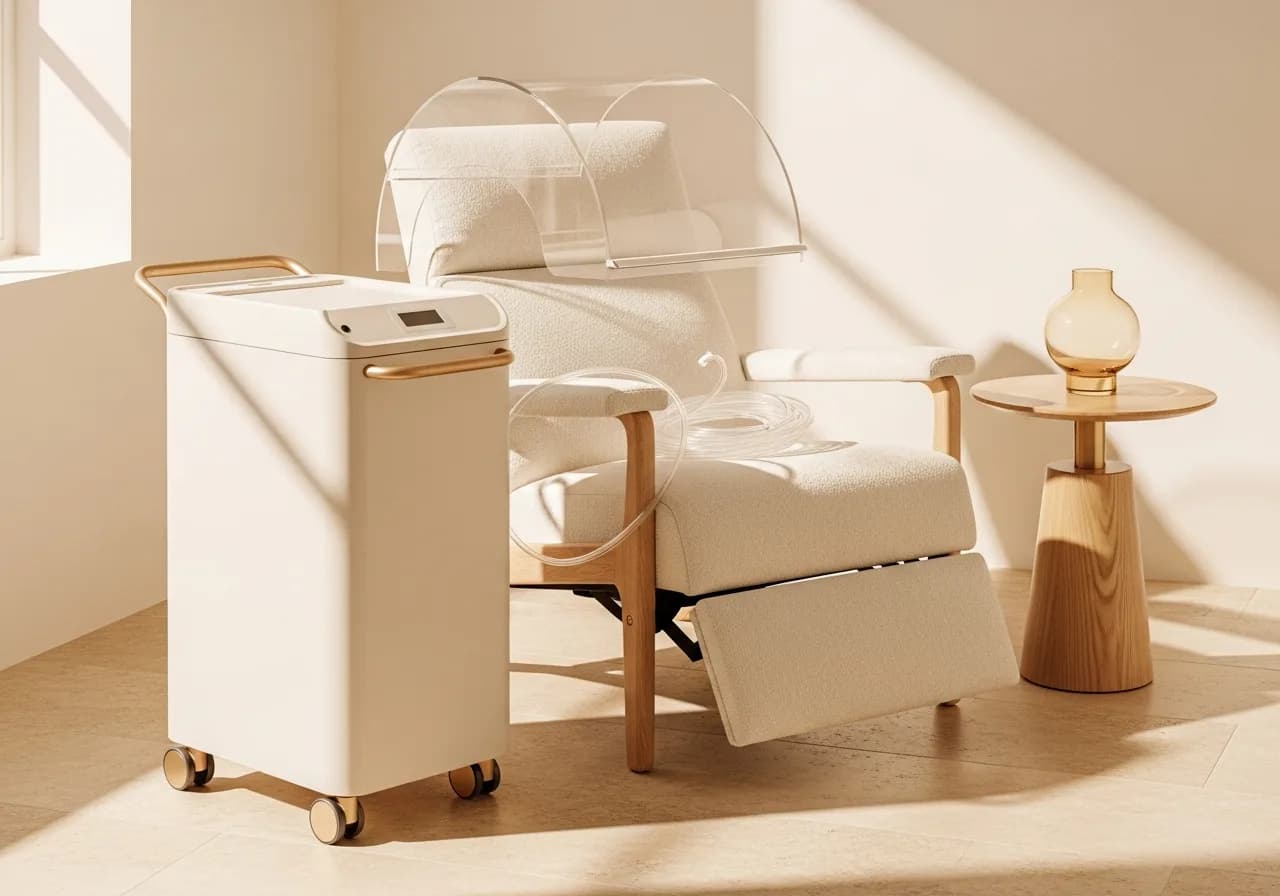 An indirect calorimetry cart beside a recliner, its clear canopy hood resting on the headrest