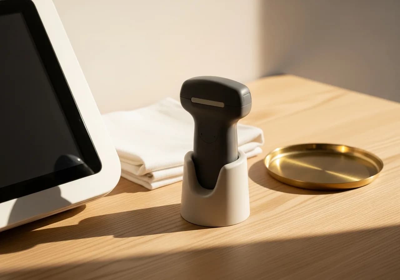 A handheld elastography probe upright in its cradle on a pale oak surface beside a bone-white console, a folded cloth and a small brass tray alongside