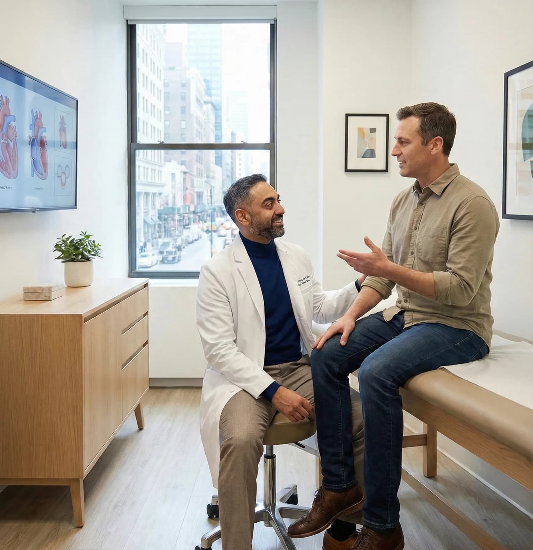 A physician in a white coat in conversation with a patient seated on an examination couch, a heart diagram on the wall screen behind them