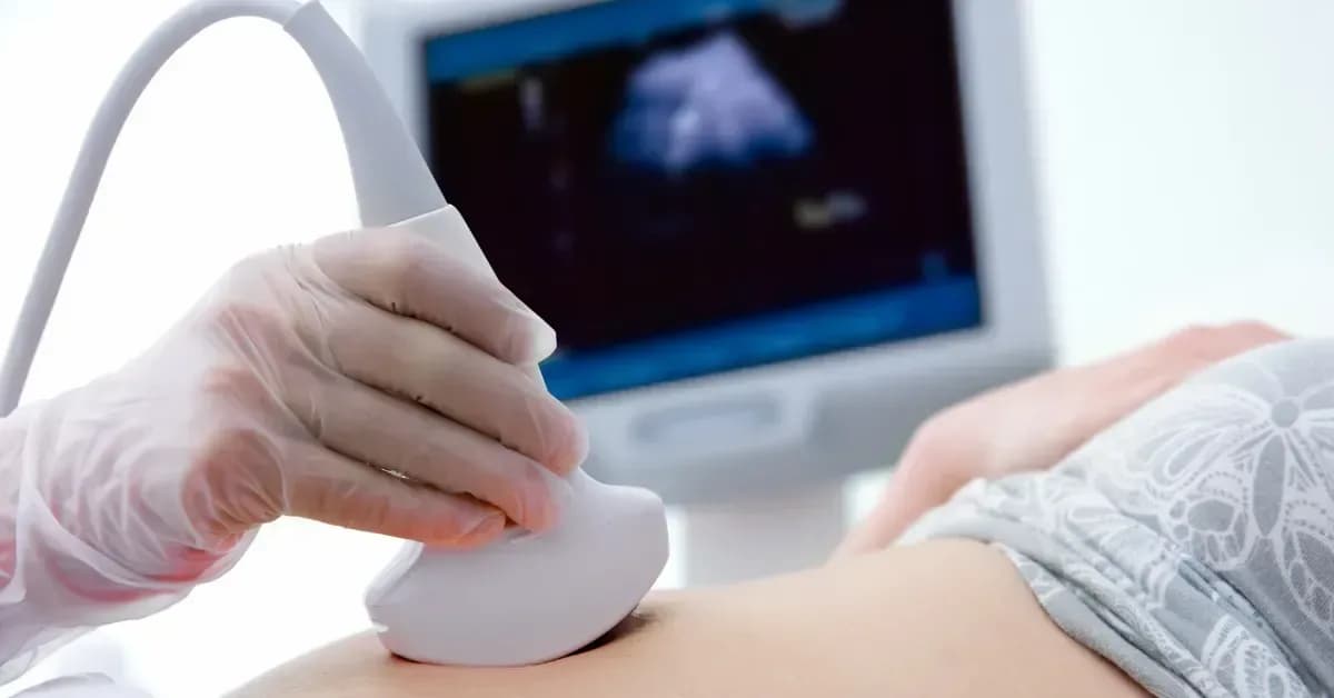 A gloved clinician pressing a curved ultrasound probe against a patient's bare abdomen, with the scan image visible on the machine's monitor behind