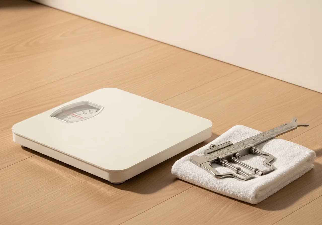 A body-composition scale and a skinfold caliper on a folded towel in an empty studio