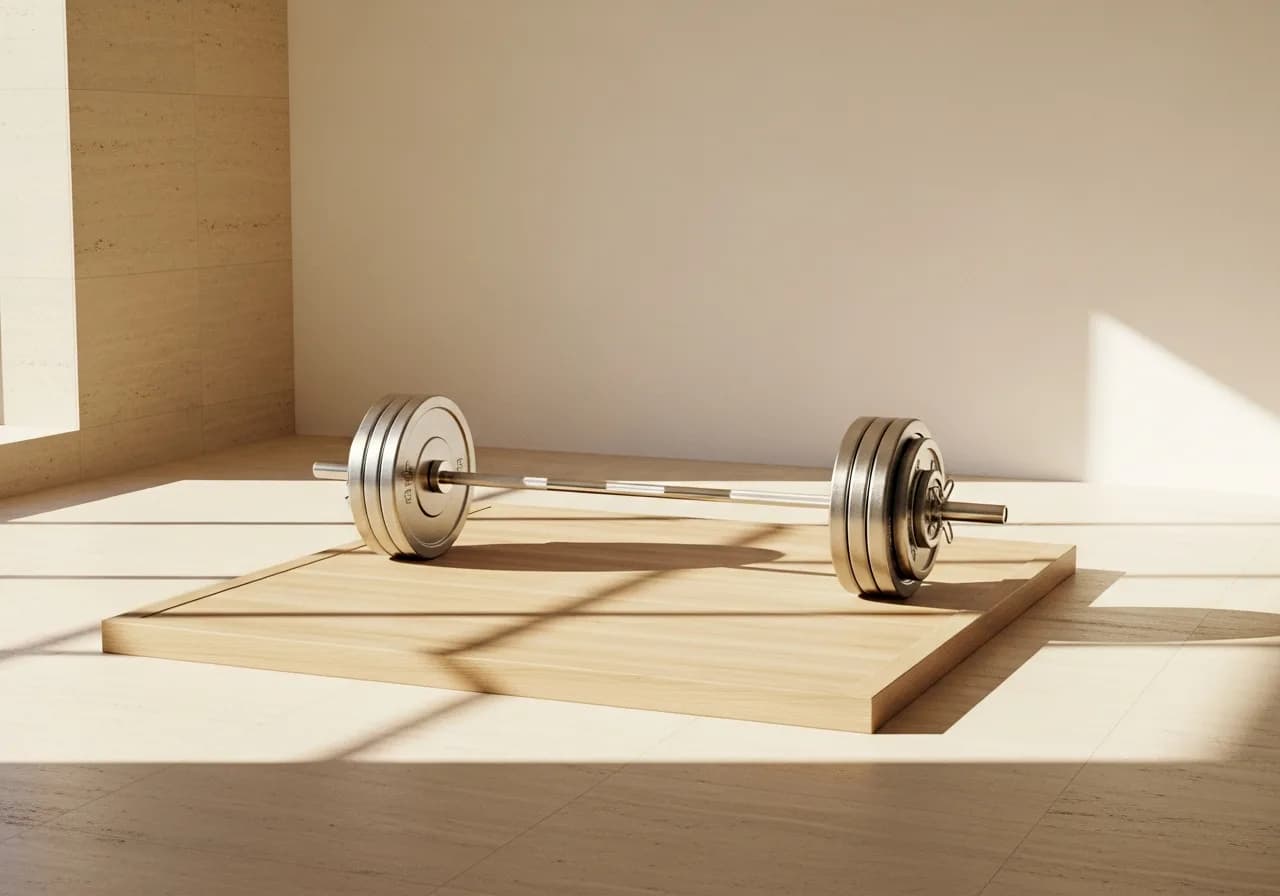 A loaded barbell resting on a pale oak lifting platform