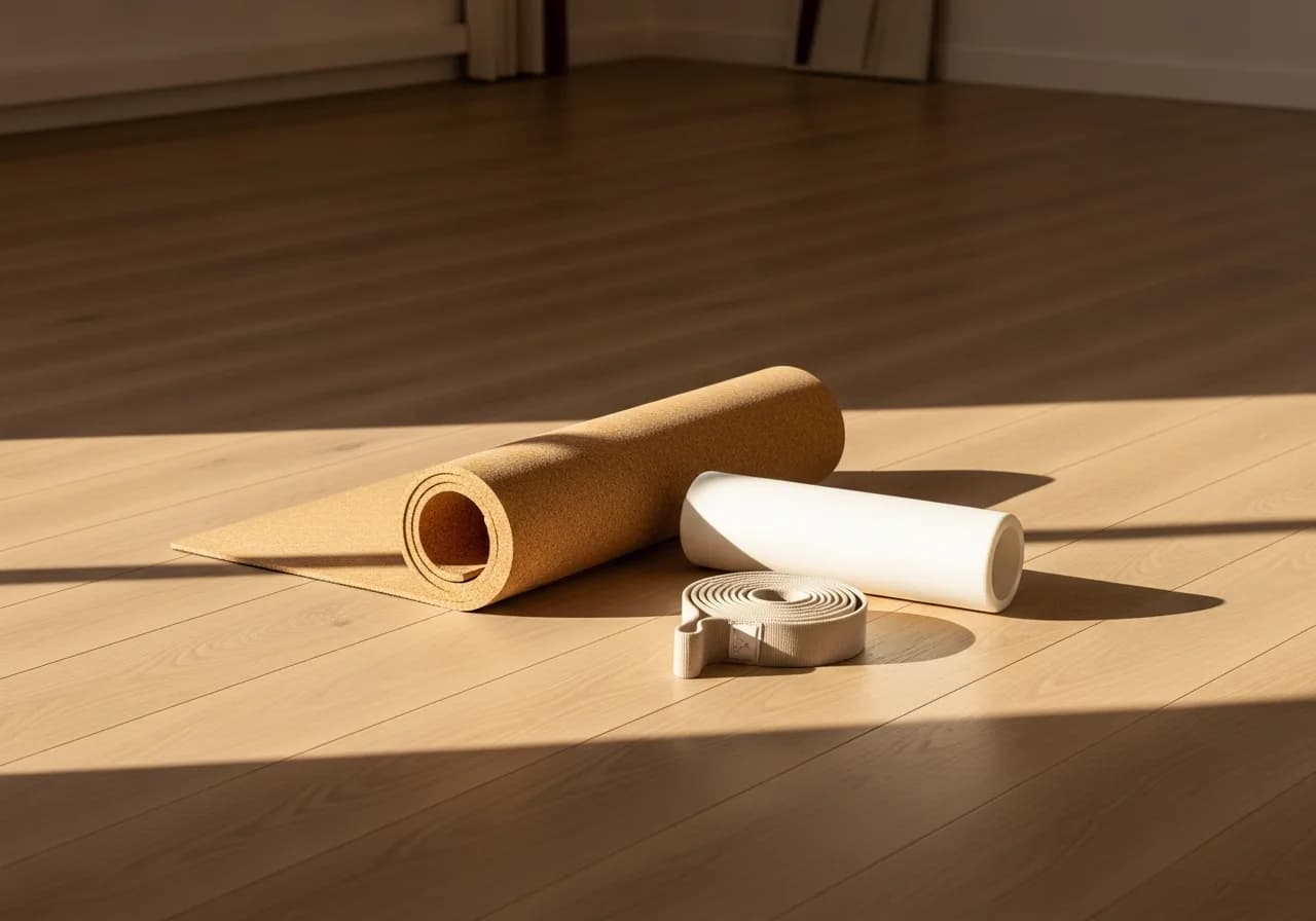 A rolled mat, foam roller and coiled resistance band on a pale oak floor