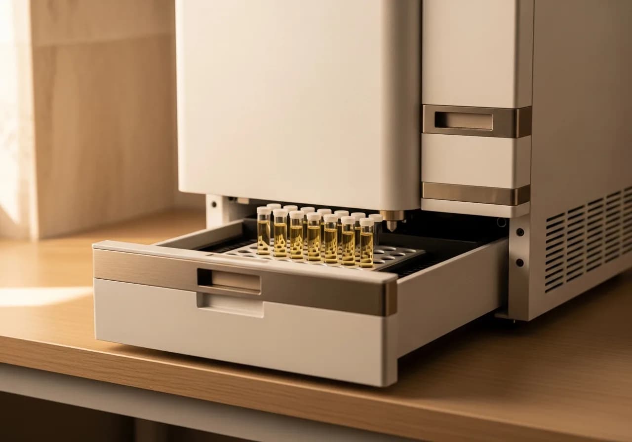 A benchtop laboratory analyser with its drawer open, a rack of serum sample tubes seated ready inside