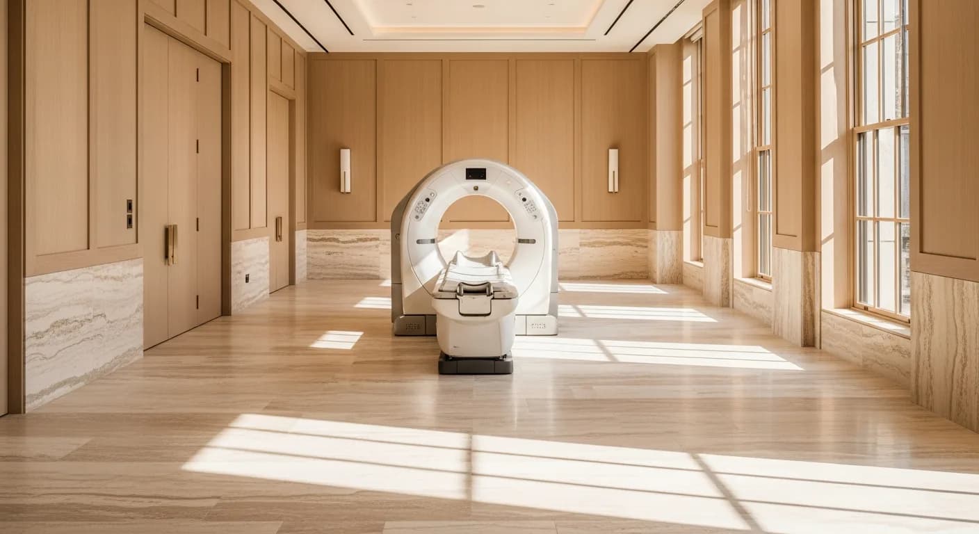 A wide, bright, almost empty imaging suite with a single bone-white scanner in a travertine room