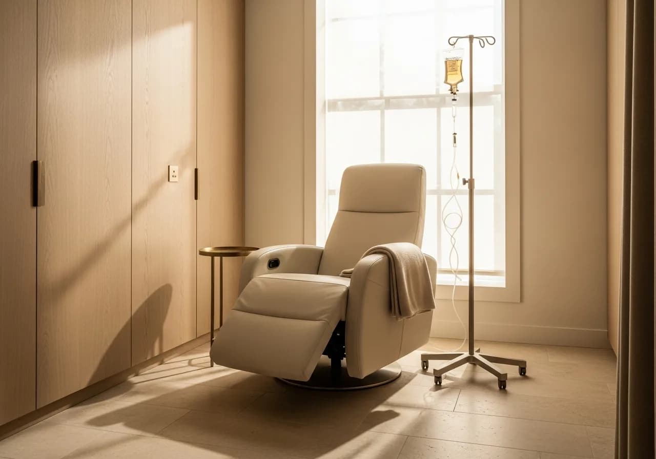 A patient seated in a clinic recliner beside a window, an intravenous line taped to the forearm during an infusion session