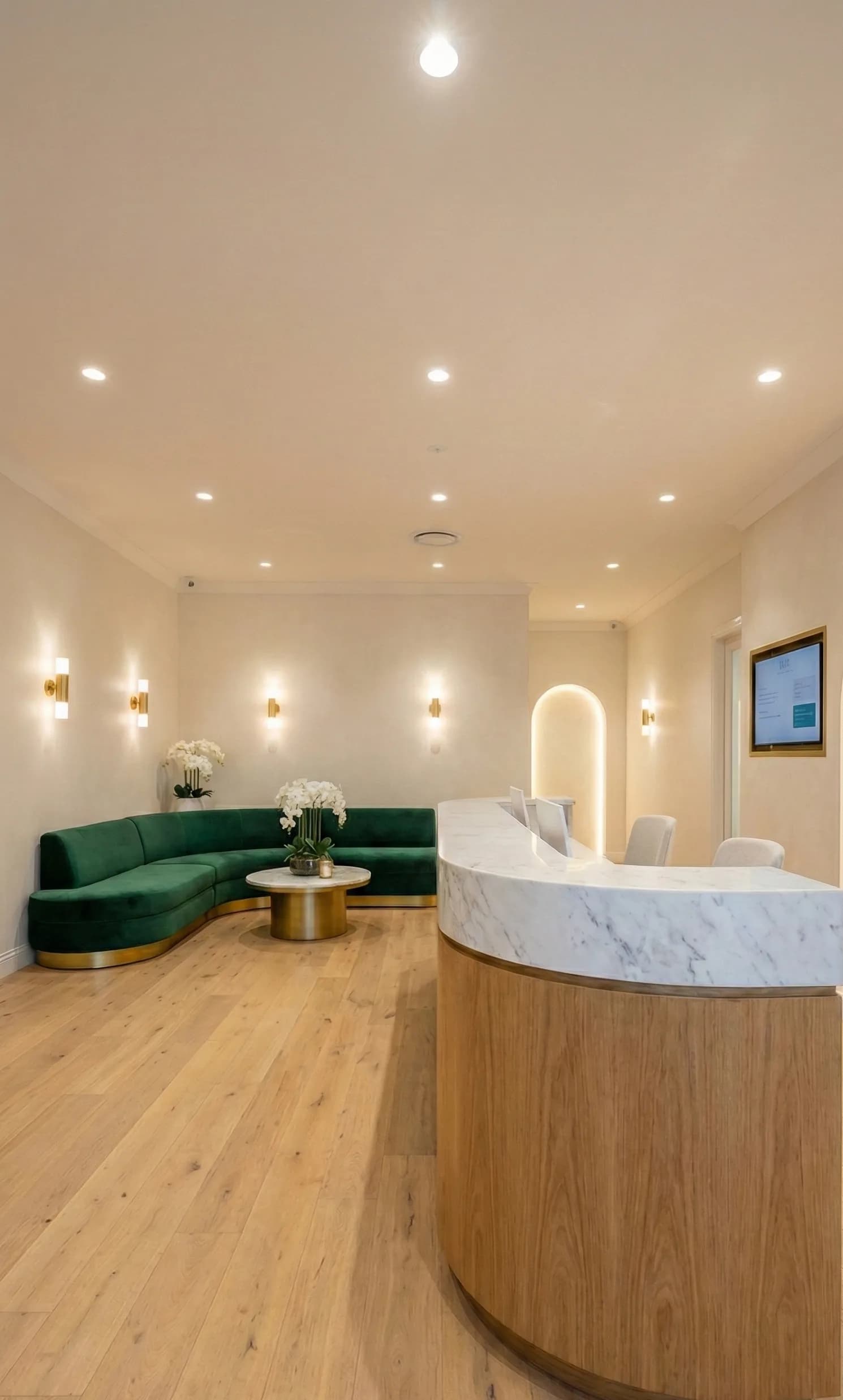 A clinic reception with a curved marble and oak desk, a green velvet banquette, brass wall lights and white orchids