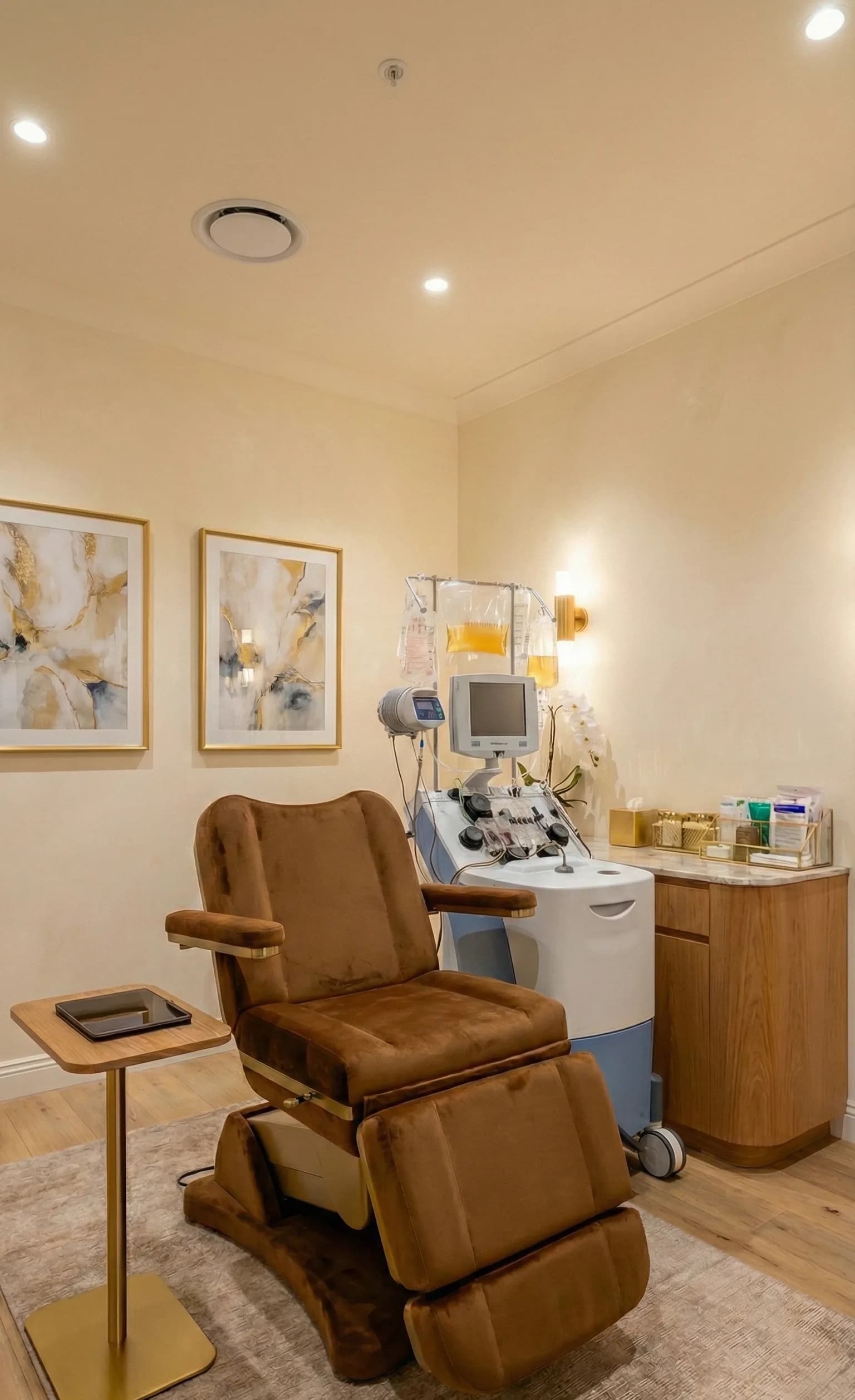 A treatment room at the LV8 Health Chicago clinic: a velvet reclining chair beside monitored infusion equipment and two framed abstract artworks.