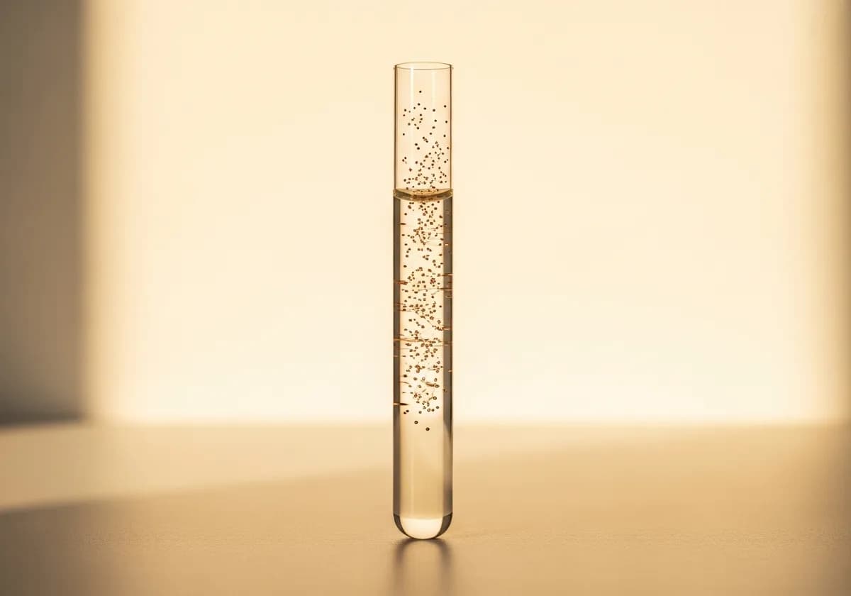 A glass tube of blood plasma held in warm light, cell-free fragments suspended in it