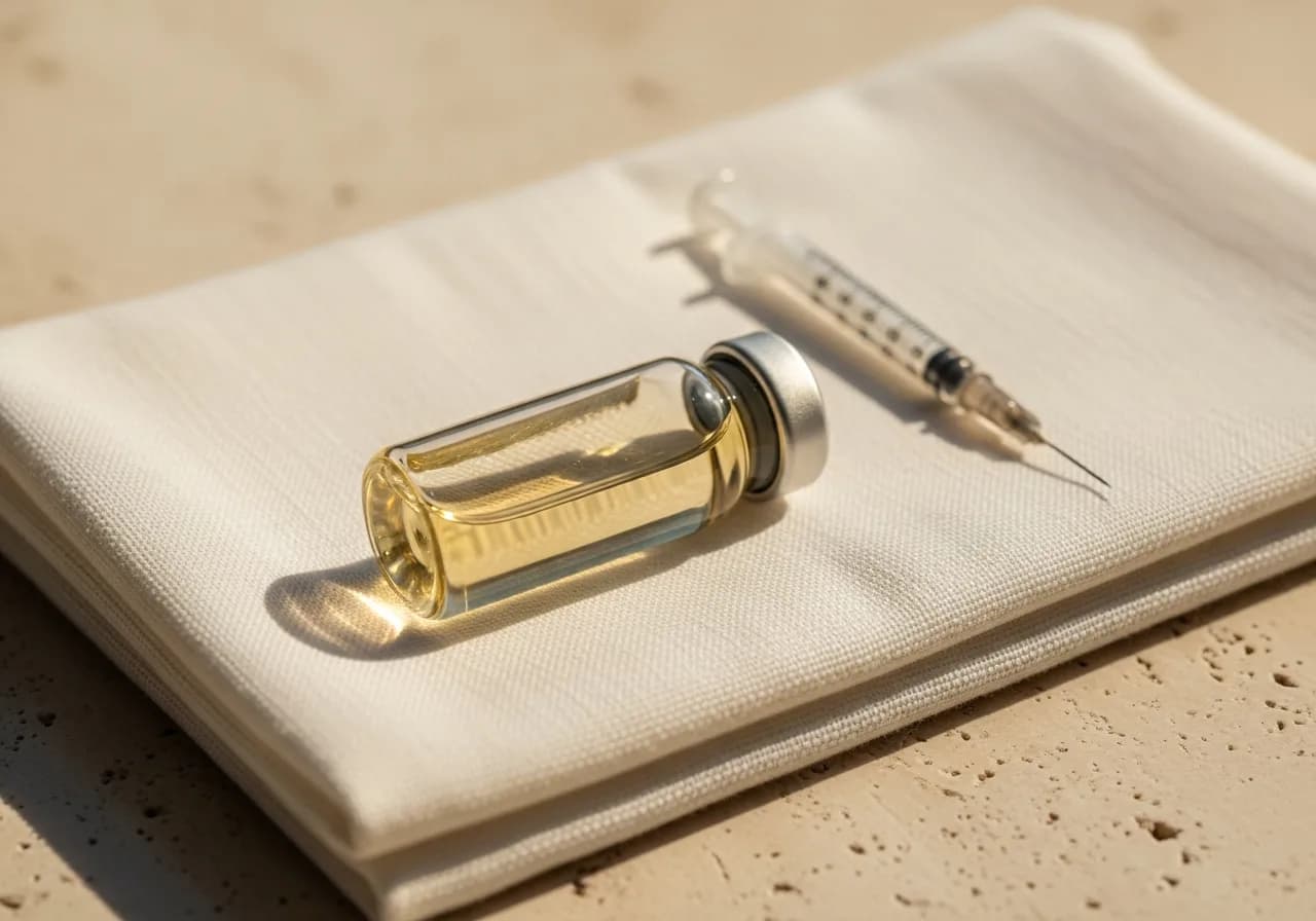 A glass medication vial and a fine syringe on folded linen