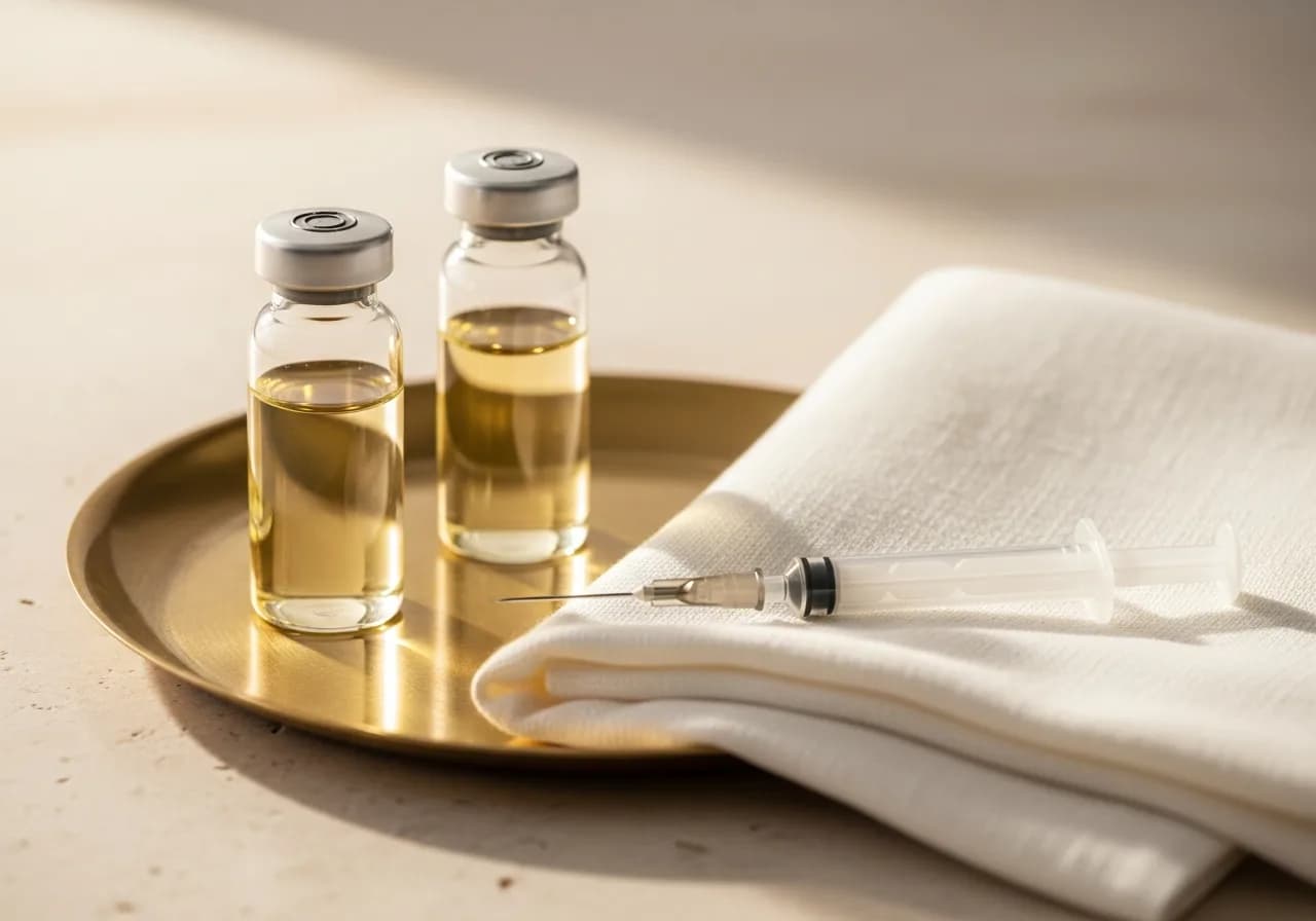 Two glass medication vials and a syringe on a brass tray