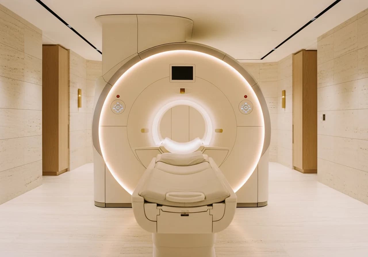 The circular tunnel of a whole-body MRI scanner rimmed by a soft warm ring of light, a pale padded couch extending toward the camera