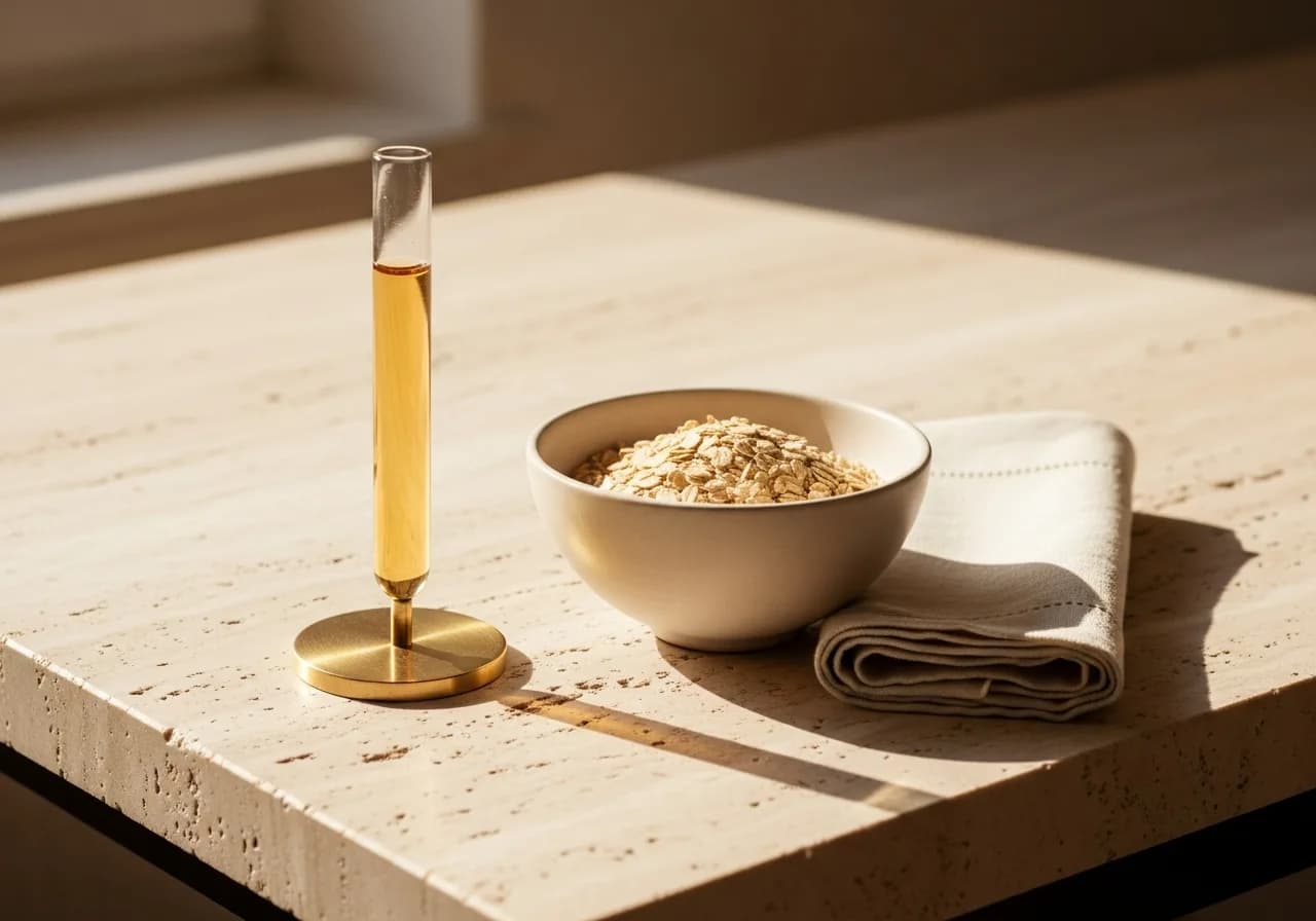 A tube of serum in a brass stand beside a plain bowl of oats on a stone bench