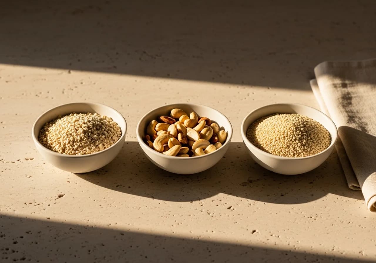 Three ceramic bowls of plain grains, nuts and seeds on pale travertine