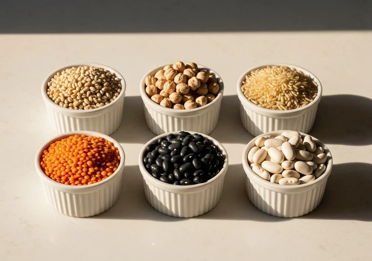 Six small ramekins in a precise grid, each holding a different whole food