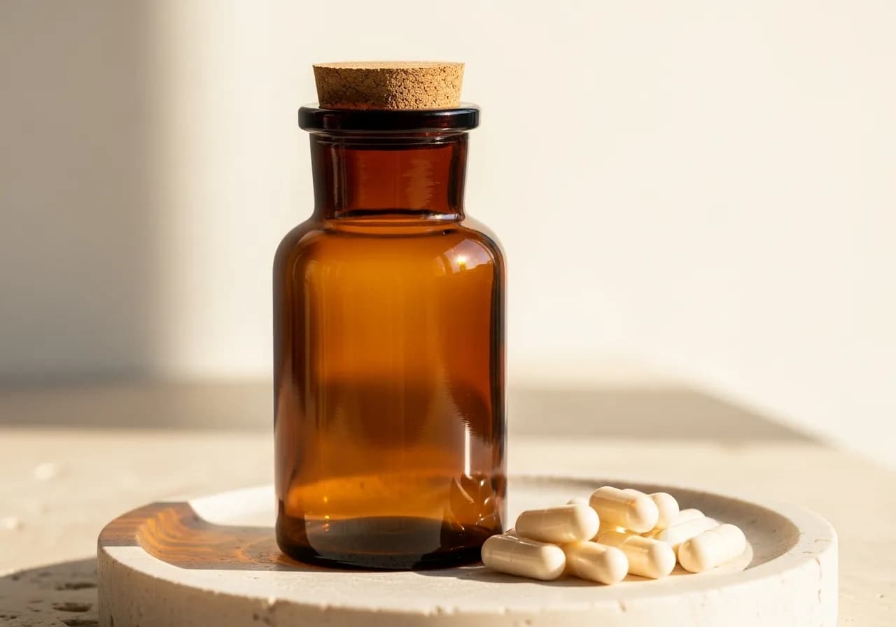 An amber apothecary bottle and a small pile of plain capsules on a stone dish