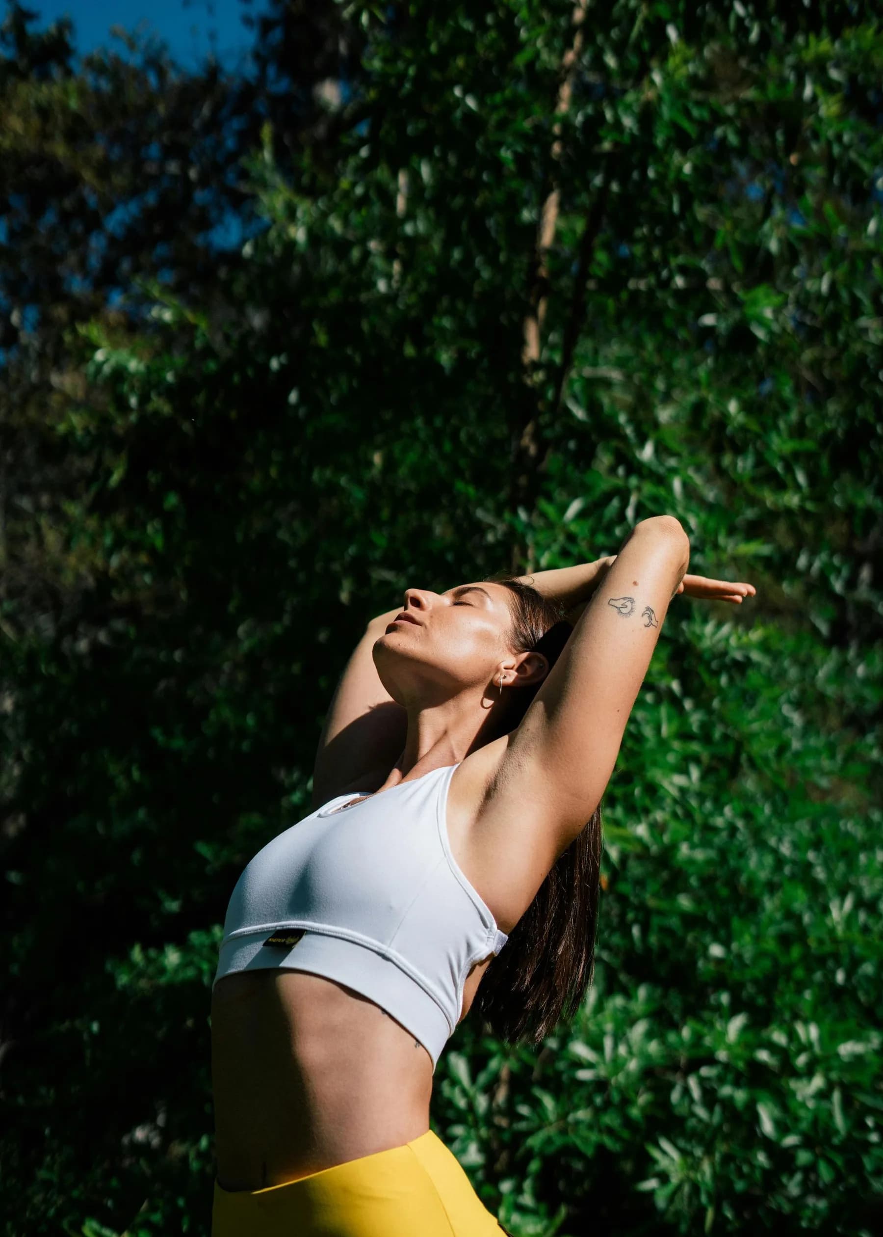 A woman stretching upward in bright sunlight against dense green foliage