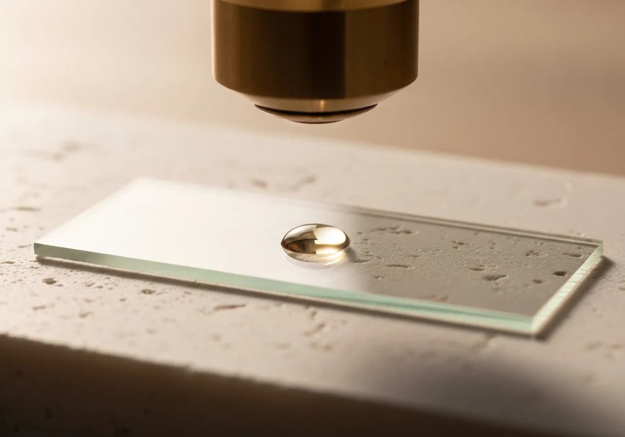 Microscope slide with a single drop of fluid beneath the objective