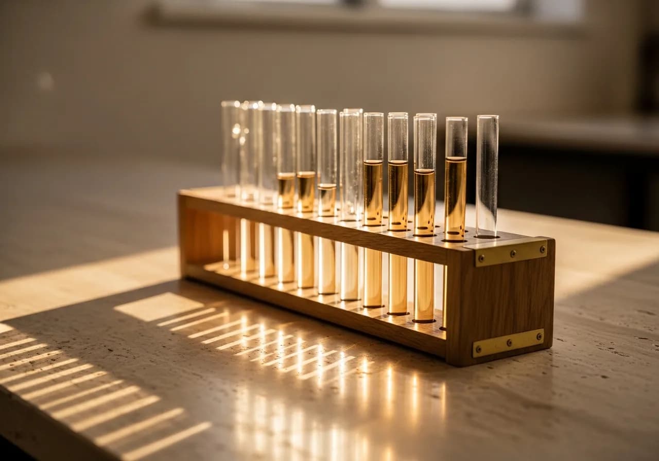 Rack of glass sample tubes on a stone laboratory bench