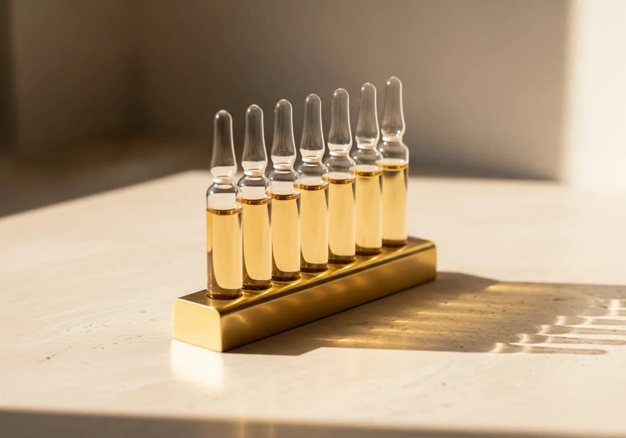 Row of glass ampoules standing in a brass holder