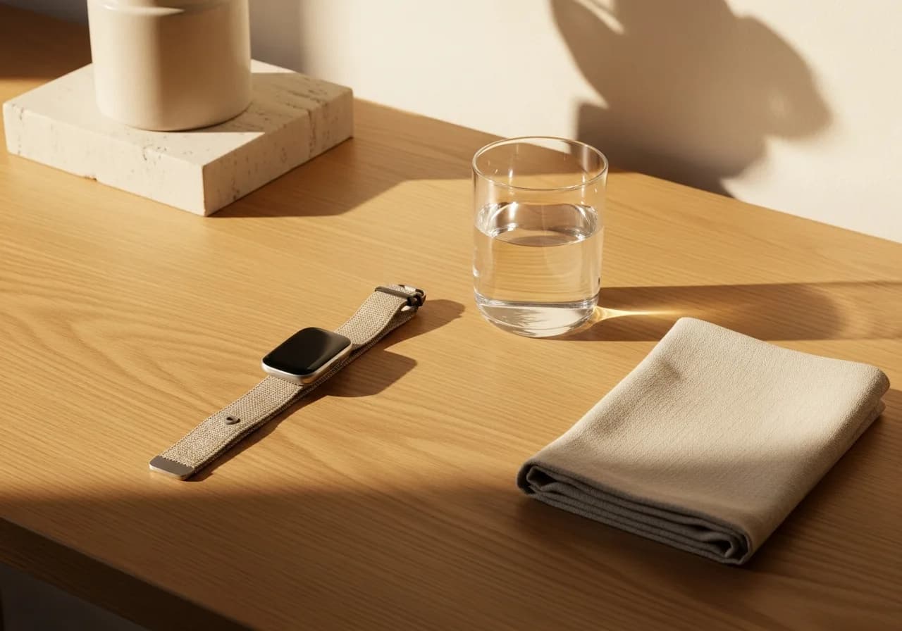 Wearable band and a glass of water on a pale oak desk
