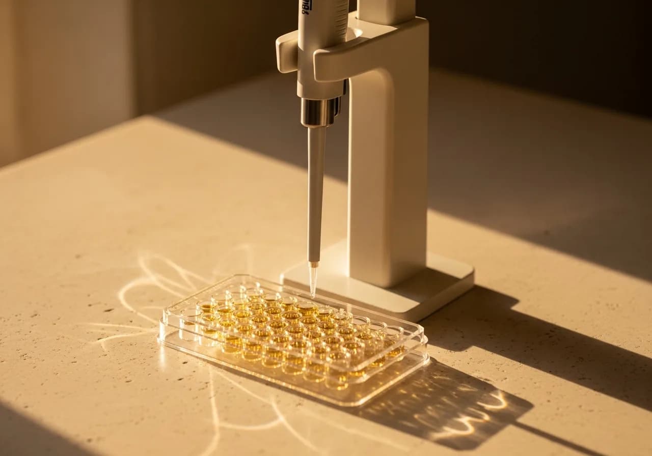 A precision pipette poised above a clear microwell plate of pale golden fluid on a stone laboratory bench