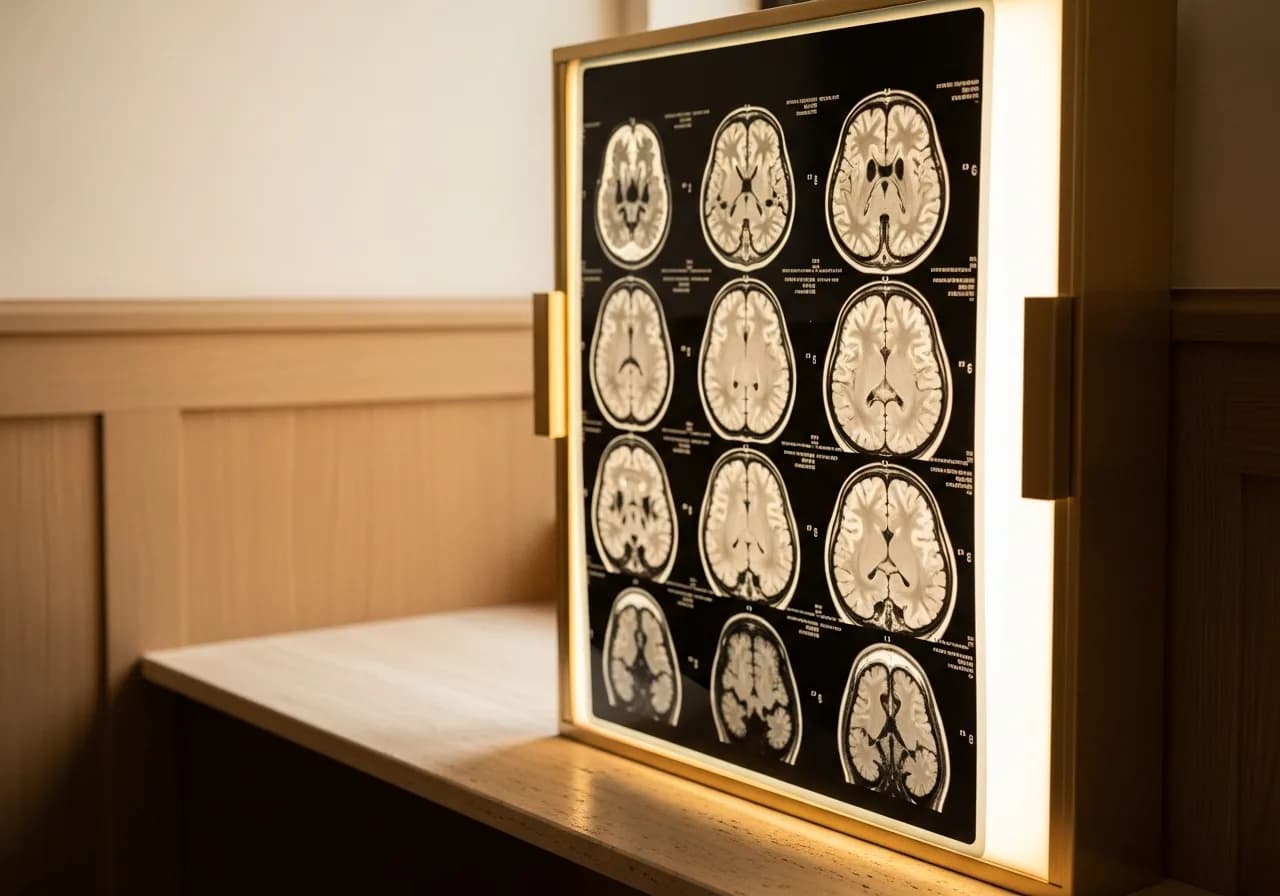 A brain MRI film on a warm-lit viewing panel in a dim consulting room