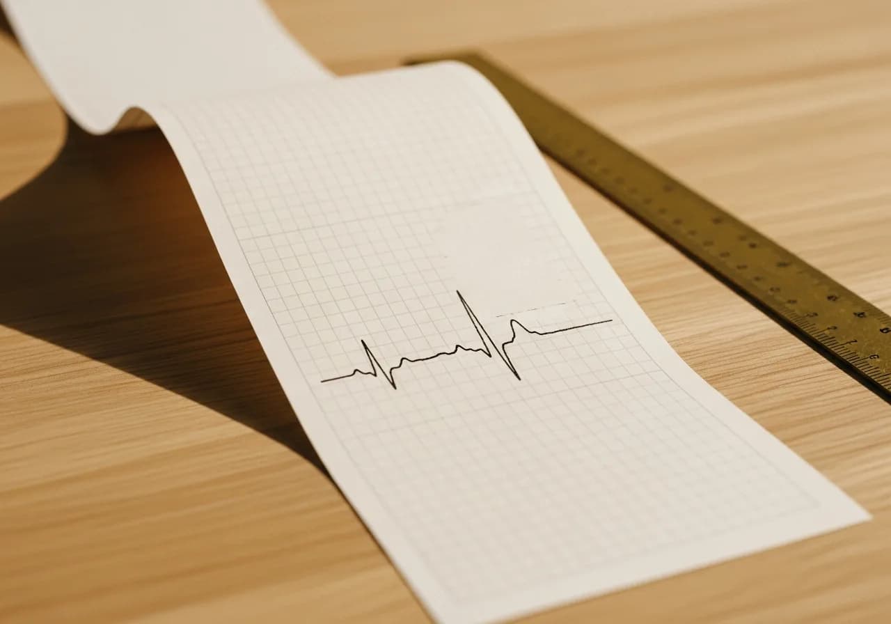 A printed cardiac rhythm trace on cream graph paper curling across a pale oak desk, a brass ruler at its edge