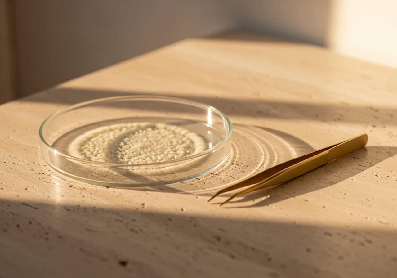 A shallow glass culture dish with a pale bloom of growth, brass tweezers alongside, on a travertine bench in warm light